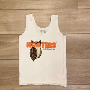 S white hooters tank and small orange hooters shorts